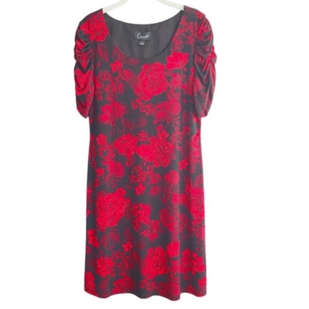 Connected Apparel Short Sleeve Dress Floral Scoop Neck Shift Black Red Size 6